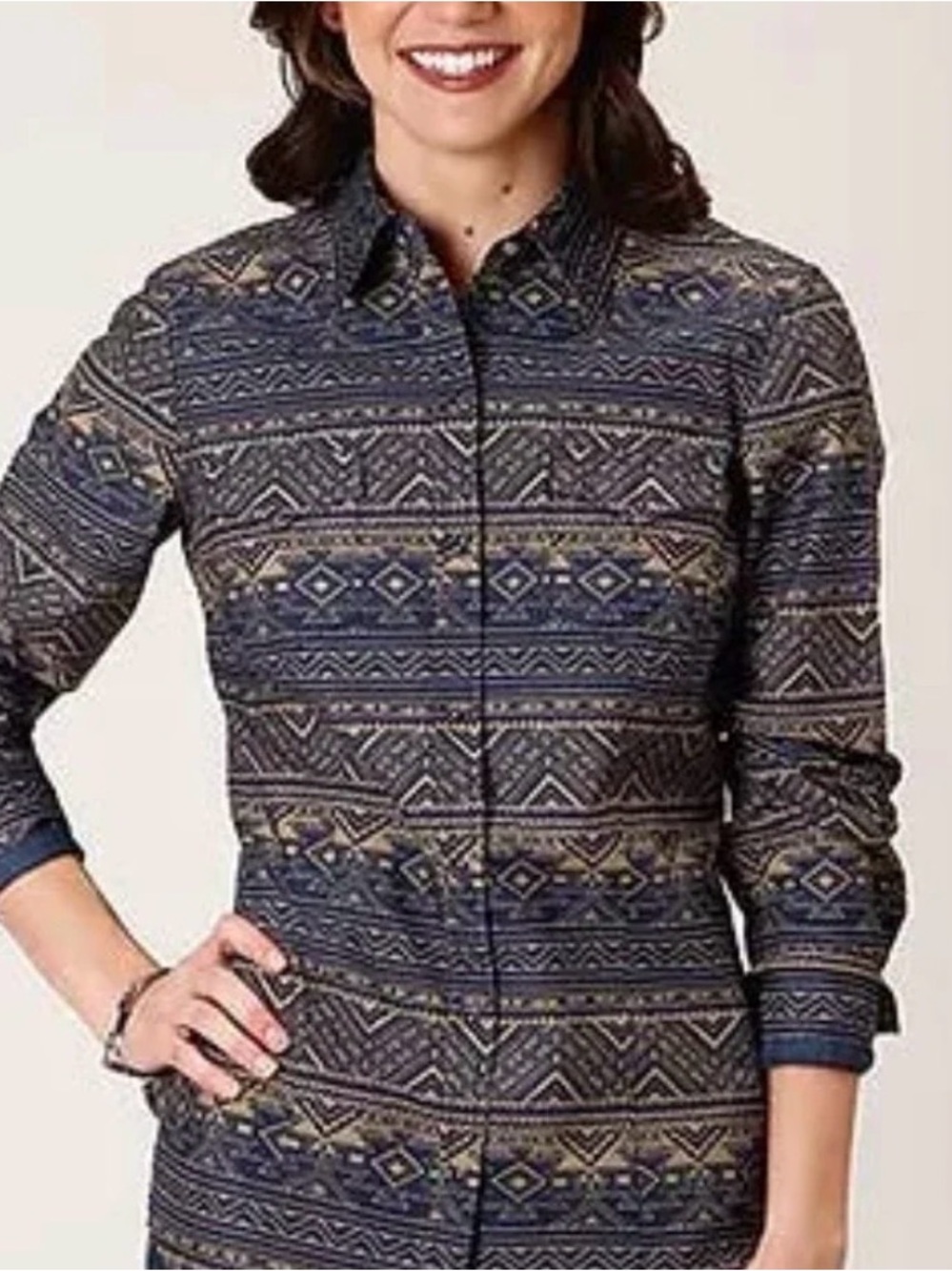 Roper Western Shirt Horizontal Aztec Woven Geometric Print Navy/Gold Sz XL
